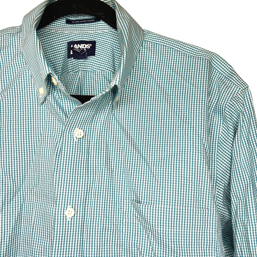 Lands End Men's Shirt-size 16-35-‎ teal/green long sleeve button down checkered